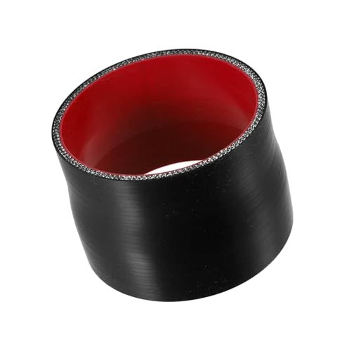 Straight silicone hose coupler, black sleeve with red interior, angled view