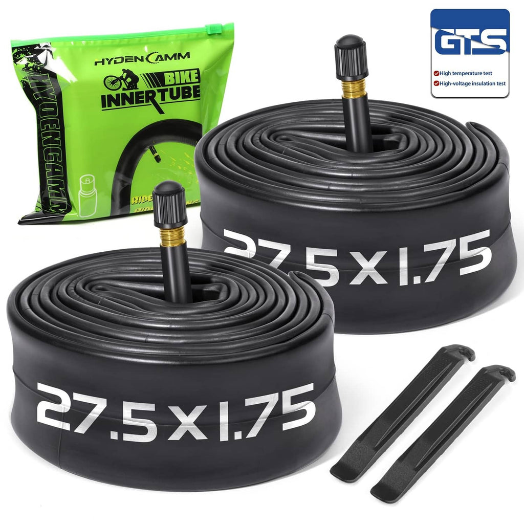 Black 27.5x1.75 bike inner tube pair with Schrader valve, packaged with tools