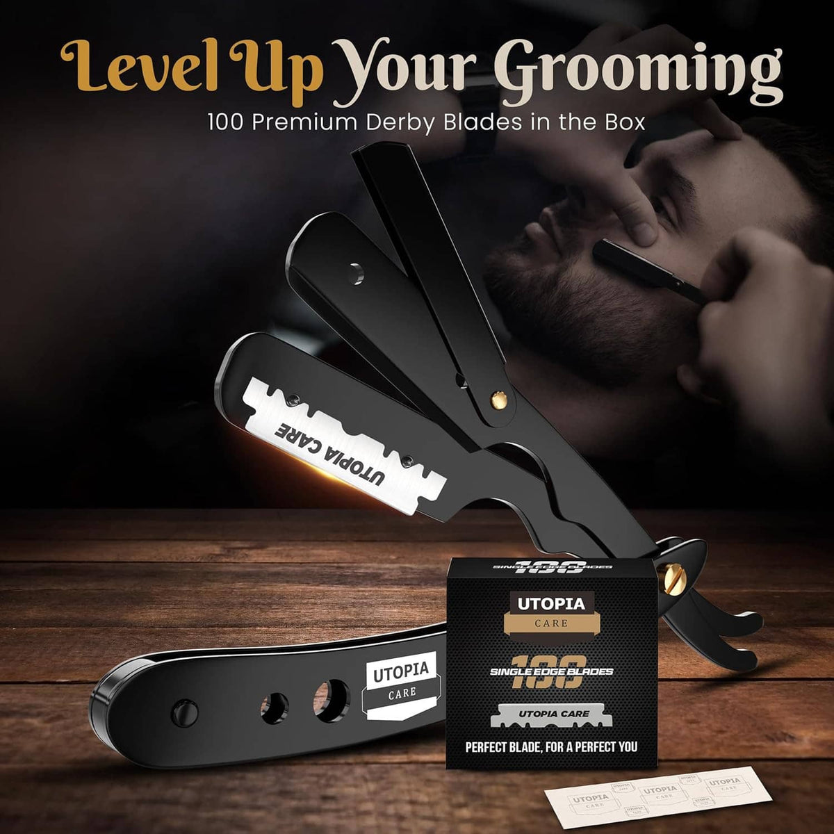 Black straight razor with safety guard resting with blade cards and boxed blade pack.