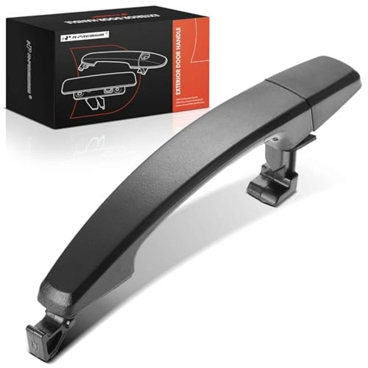 Black front exterior door handle, textured grip with latch opening and mounting clip