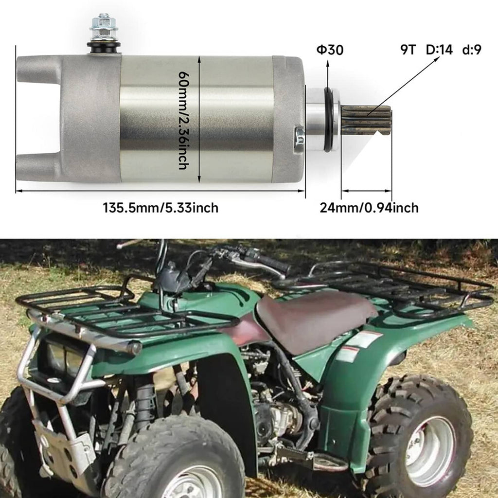Starter motor assembly dimensions view with silver housing and front output shaft