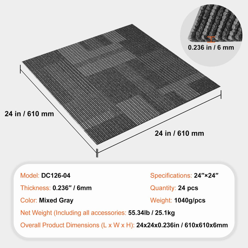 Mixed gray square carpet tile with textured top and attached padding backing