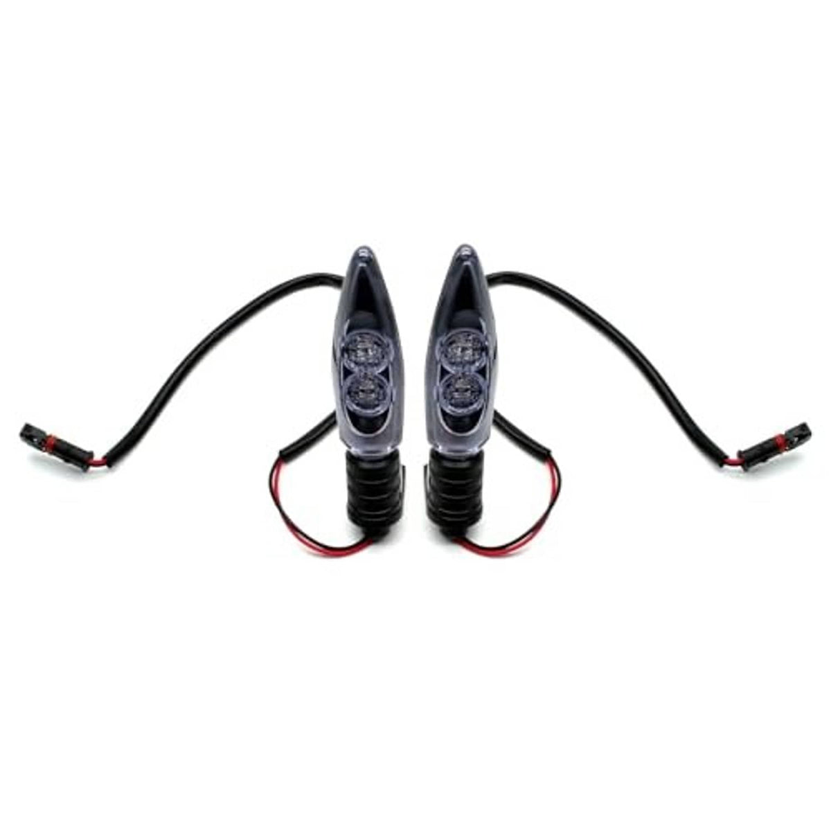 Two motorcycle front LED turn signal indicators with clear lenses, black ribbed housings, wiring