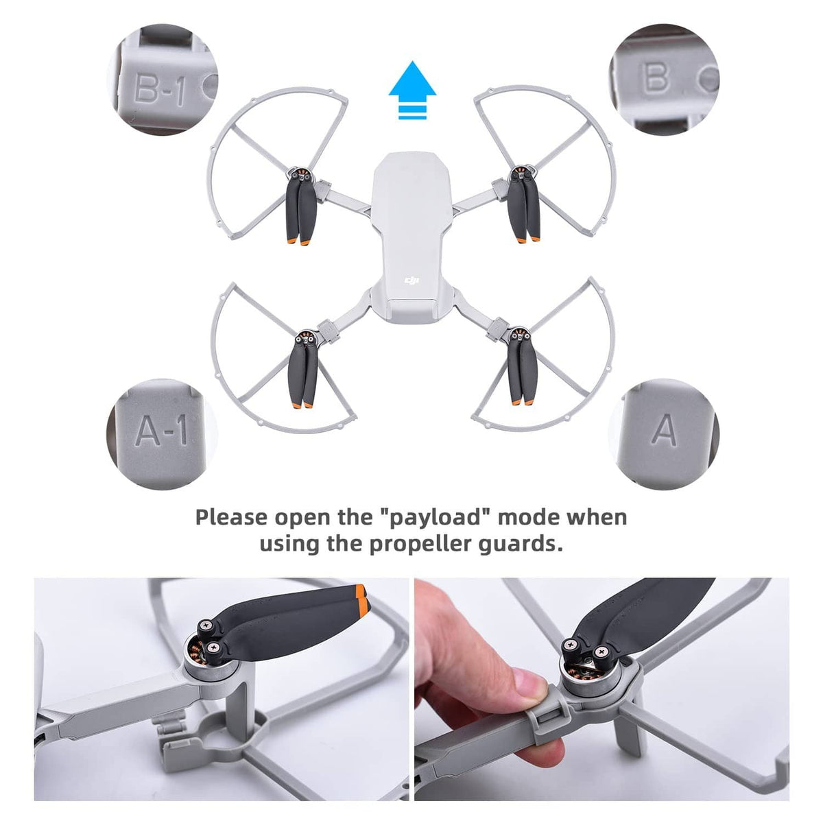 Quadcopter with installed propeller guards and small propeller blades