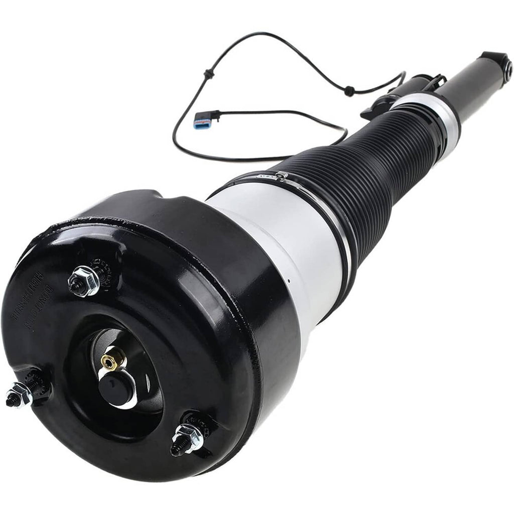Rear left air suspension strut with black mounting cap, gold valve port, and wiring