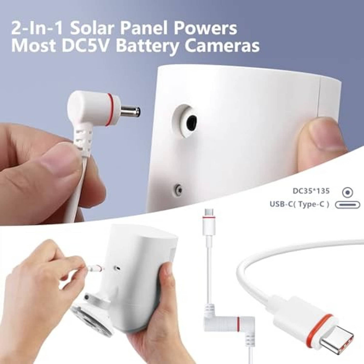 White solar panel with USB-C cable port and hands adjusting connector