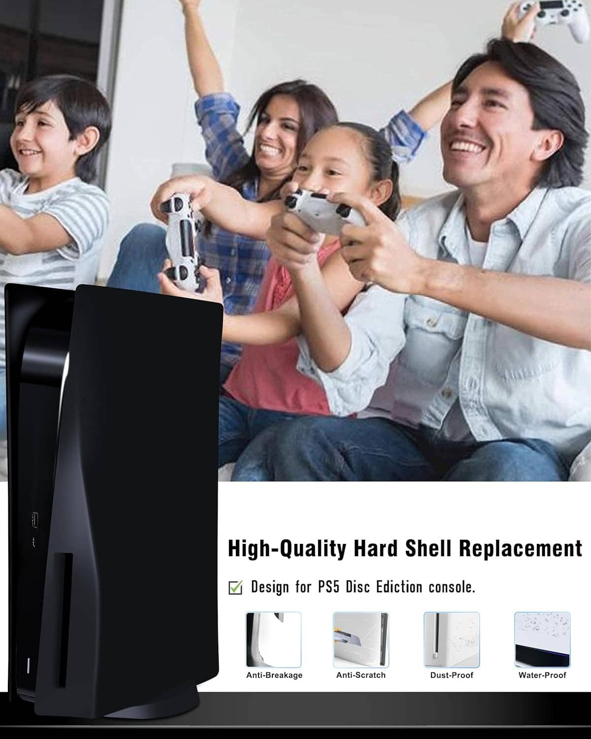Black PS5 Disc Edition hard shell replacement faceplate cover in home use setting