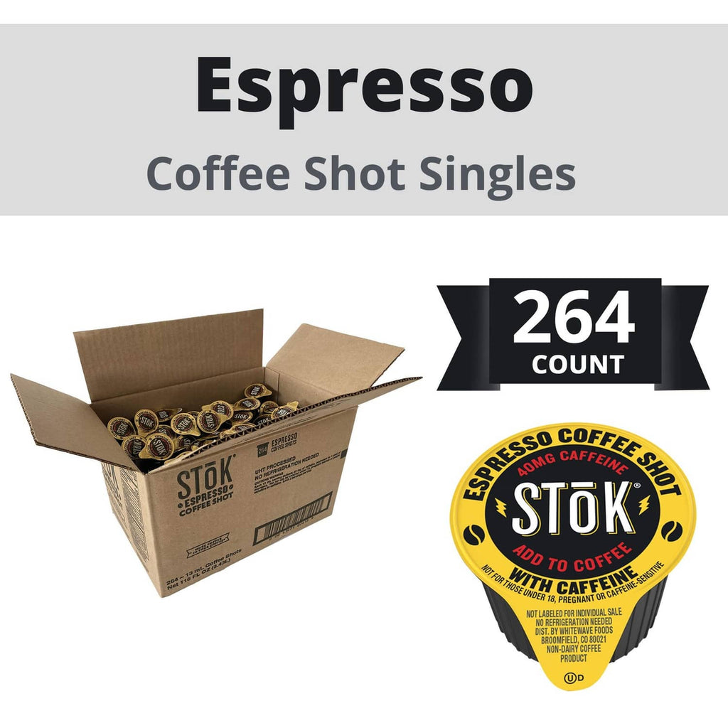 Coffee shot singles multipack box with 264 count badge and yellow Stok pod