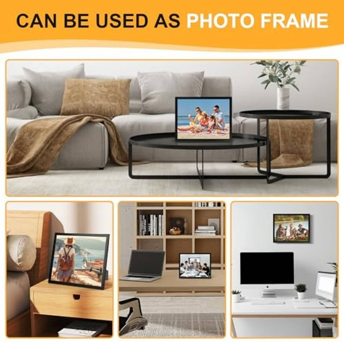 Certificate frame displaying a photo, shown as a photo frame with multiple setup examples