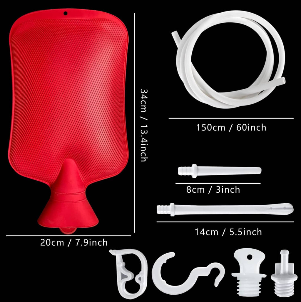 Red enema bag kit with white tubing, multiple nozzle tips, and stopper connector