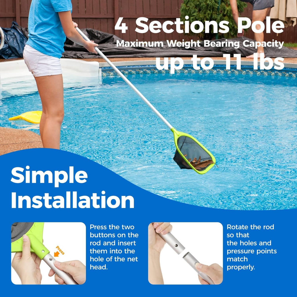 Lime green pool skimmer net with gray mesh on long silver pole above water
