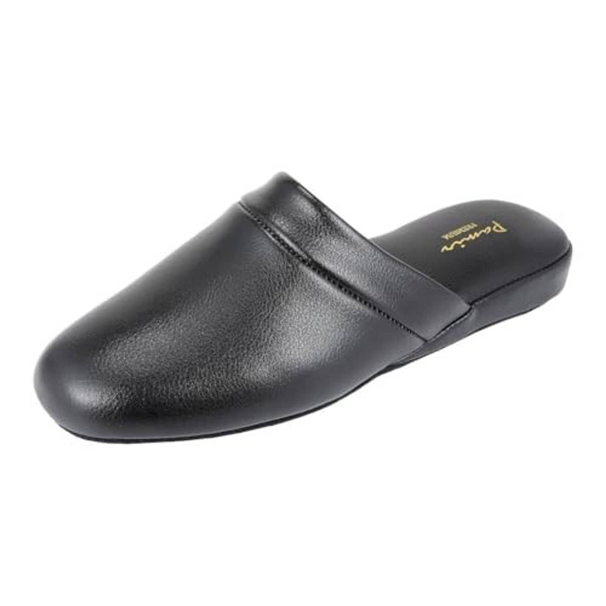 Black leather scuff slipper, side view with teal lining and slip-on wide opening