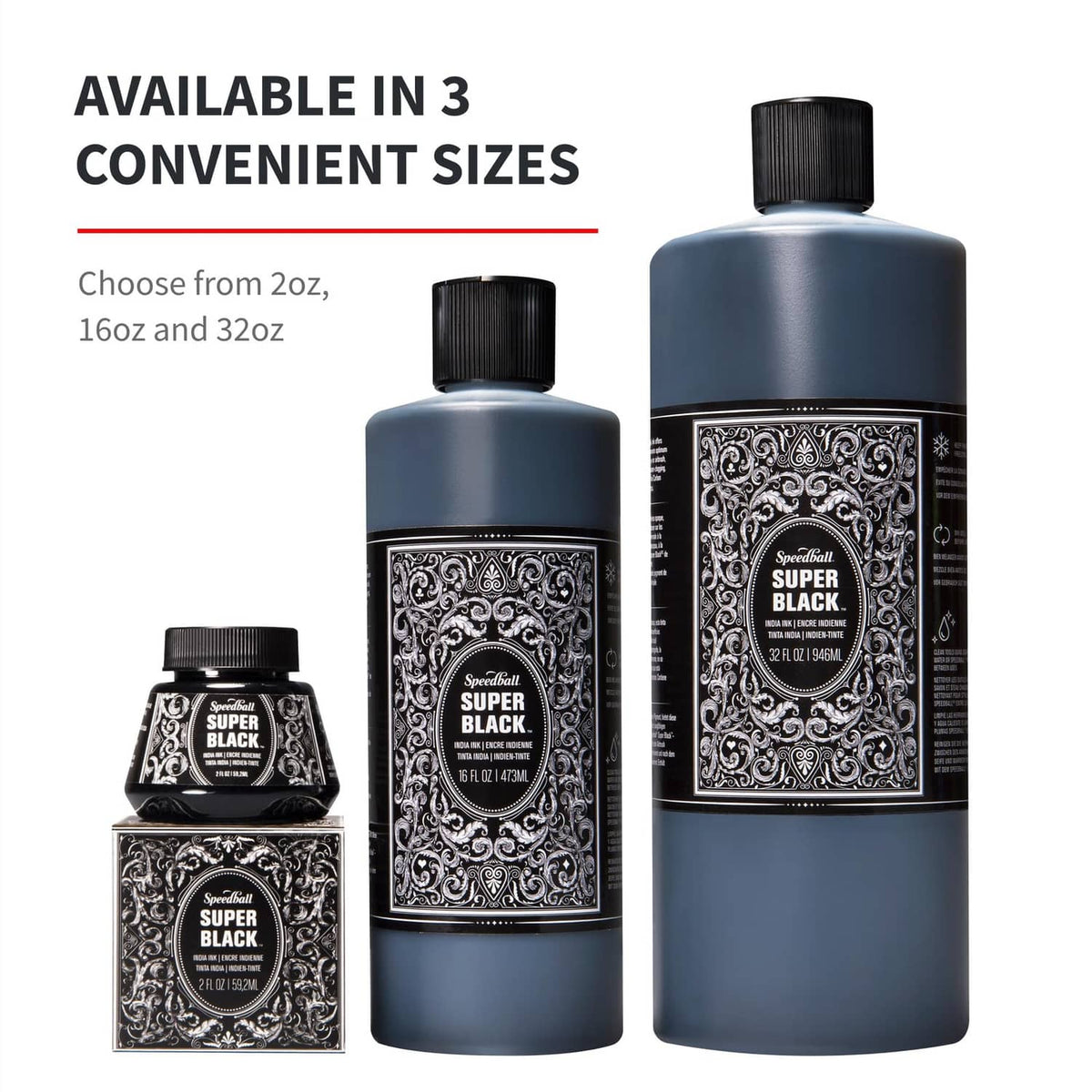 Set of black India ink bottles in three convenient sizes