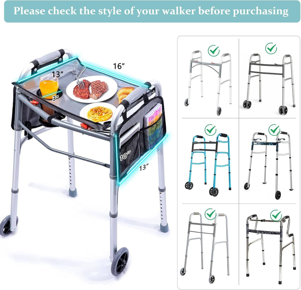 Folding walker tray table with cup holder and side pockets, shown on a seated walker