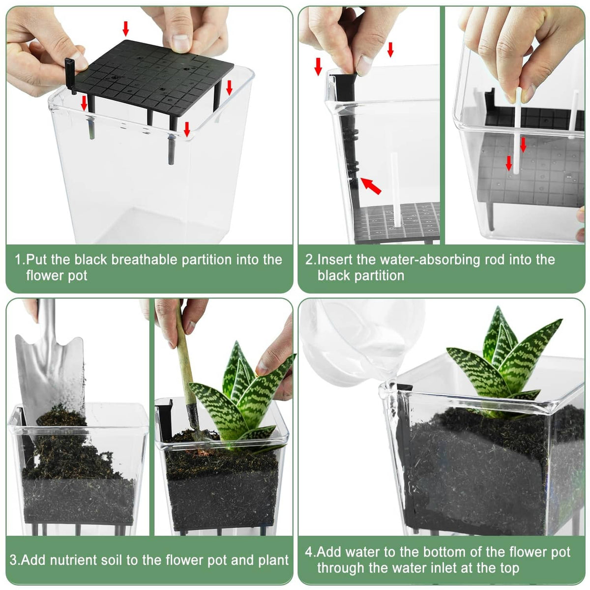 Self-watering planter instructions showing airflow partition and water-absorbing rod