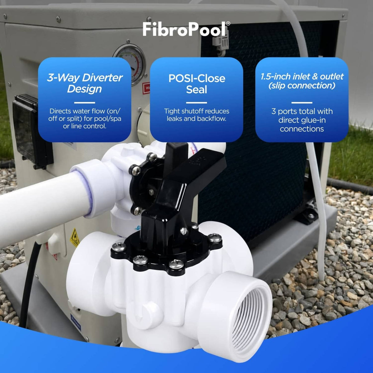 3-way diverter valve installed on pool/spa unit with black rotating handle and white ports