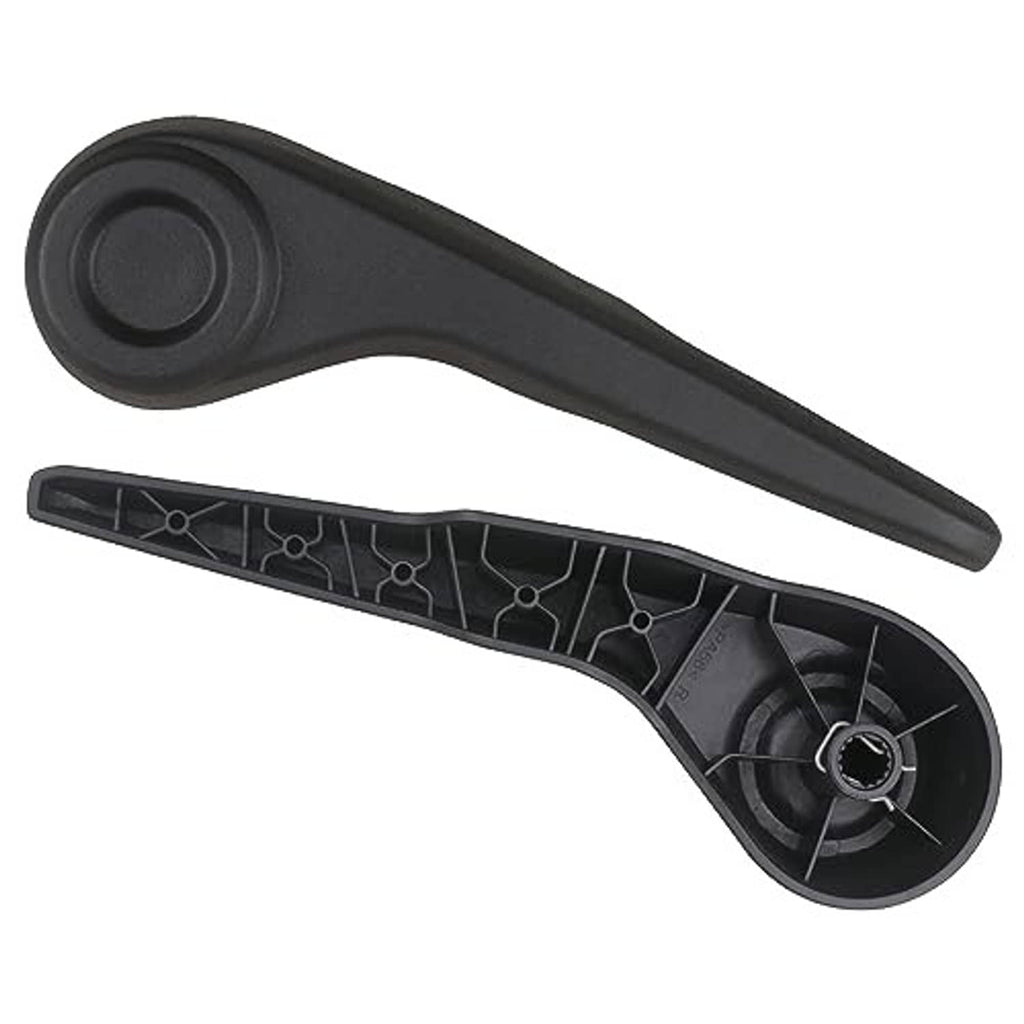 Seat recliner handle lever, black plastic with curved grip and metal mounting opening