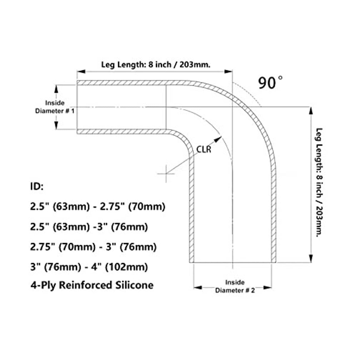 90° silicone hose reducer diagram with 4-ply construction and leg length dimensions