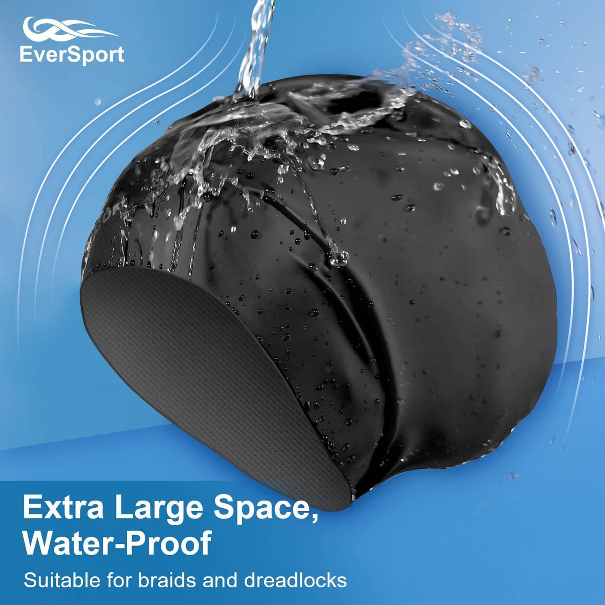 Black waterproof swim cap with roomy dome shape for braids and dreadlocks