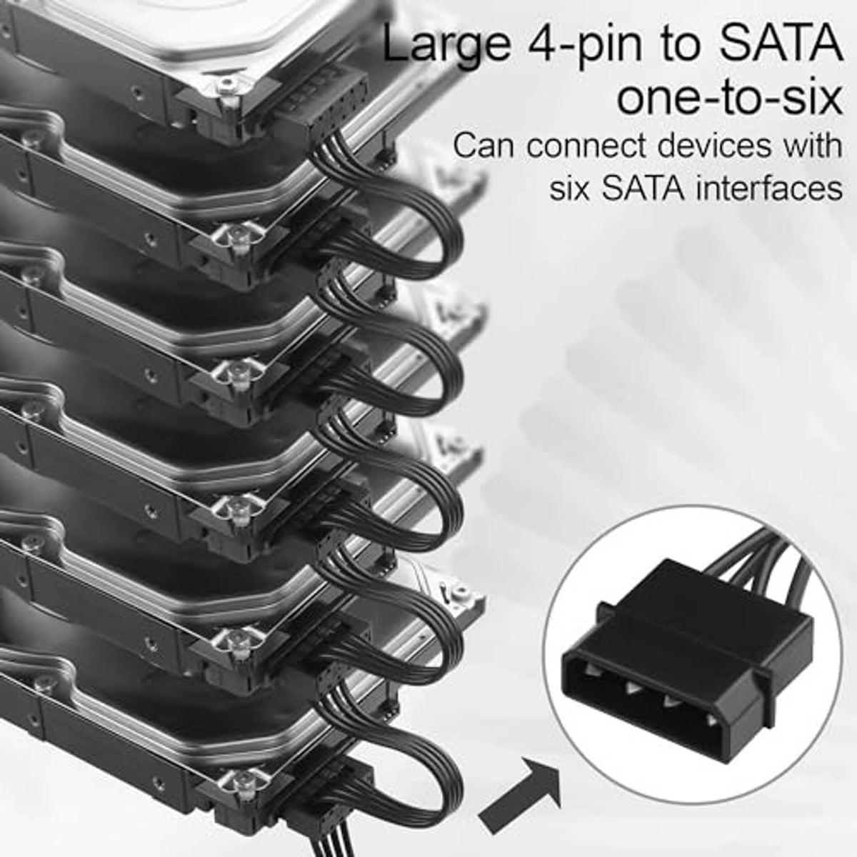 4-pin male to SATA 15-pin power splitter cable with multiple connector plugs for drives
