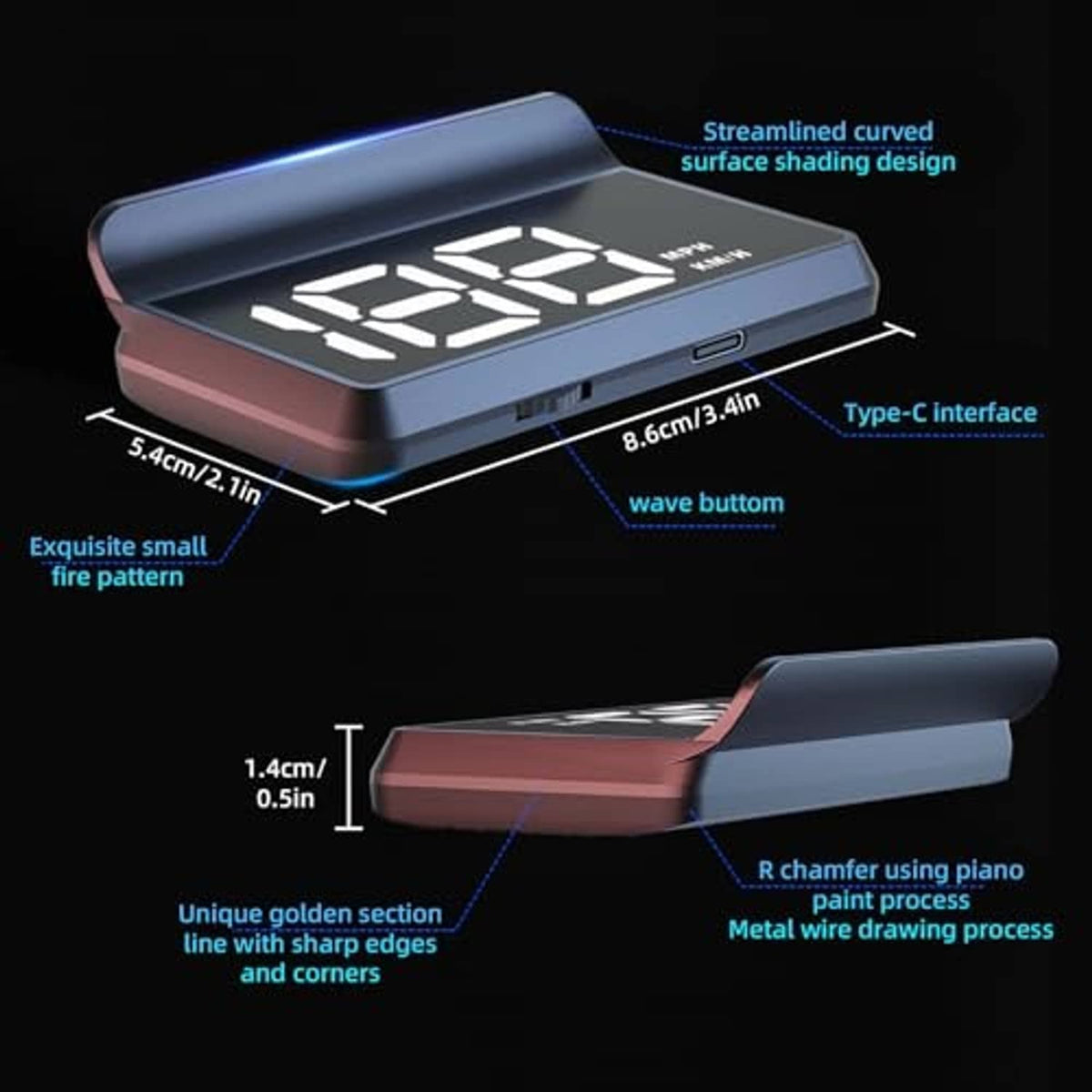 HUD head-up display with streamlined dark blue casing and bright digital speed panel