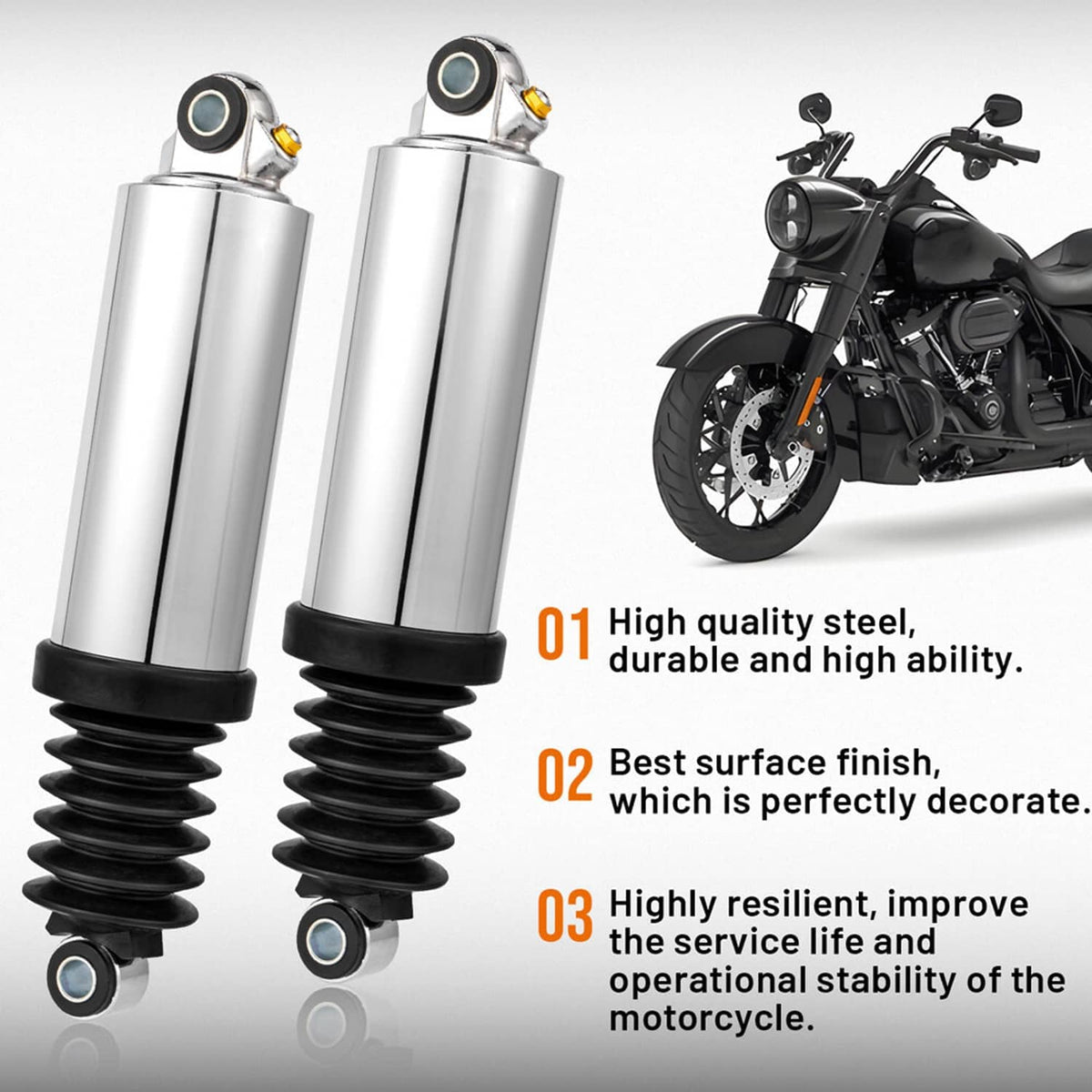 Two chrome rear air shocks with black springs and top mounting caps