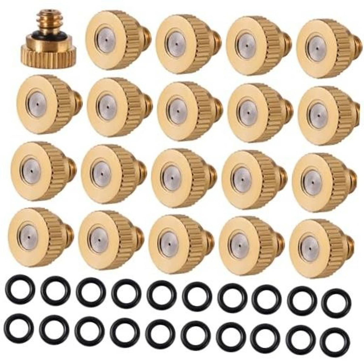 20 brass misting nozzles with black O-rings set, neatly arranged for sale