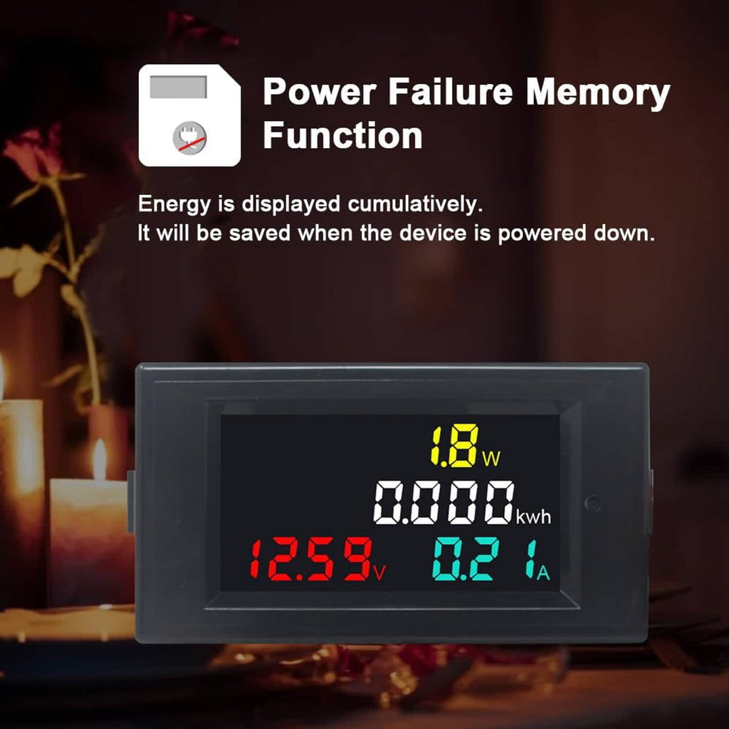 Black digital panel power/energy monitor with red, blue, and yellow LED numbers on LCD-style screen