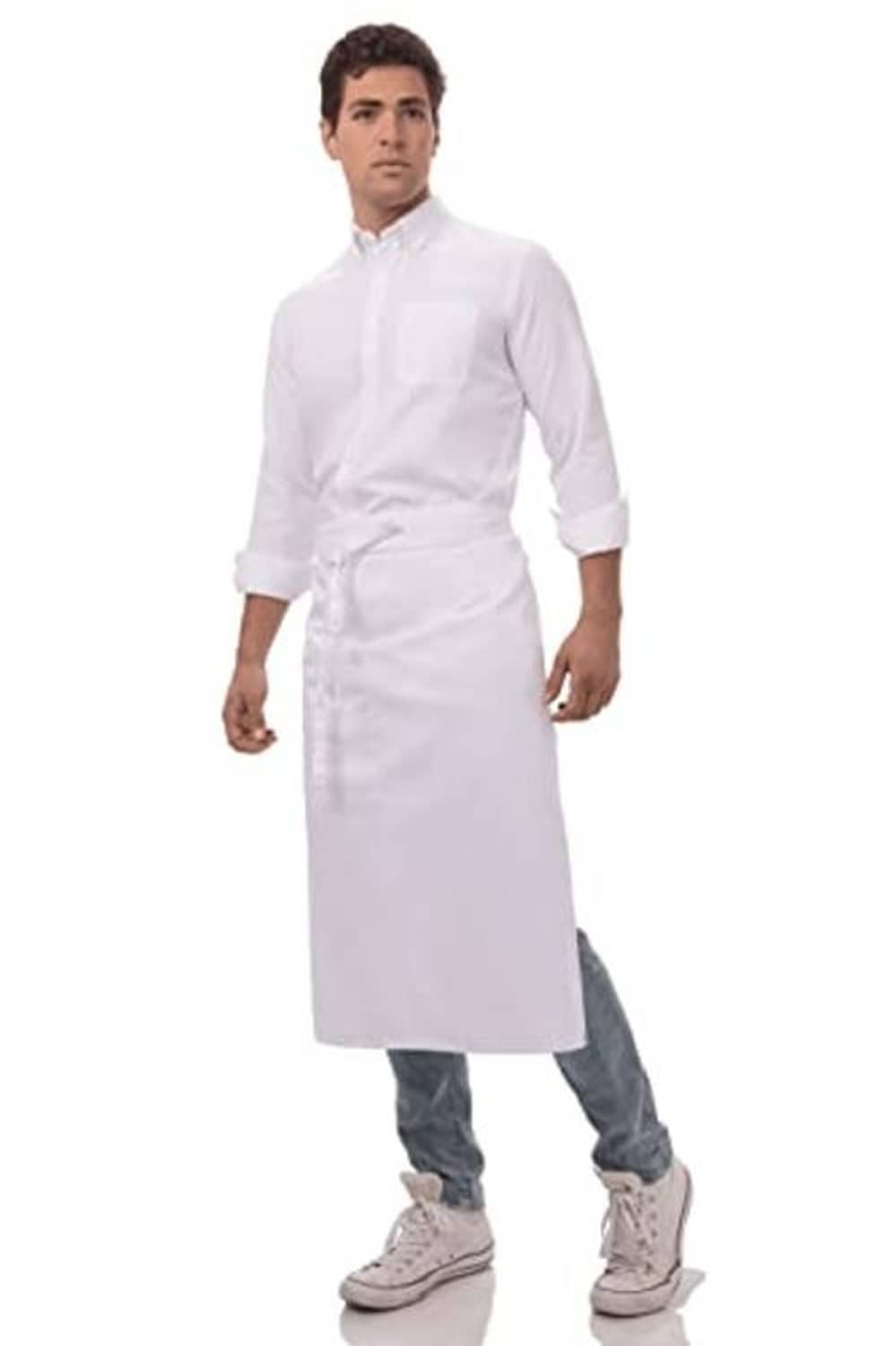 White bistro chef apron, full length, with front button placket and waist ties.