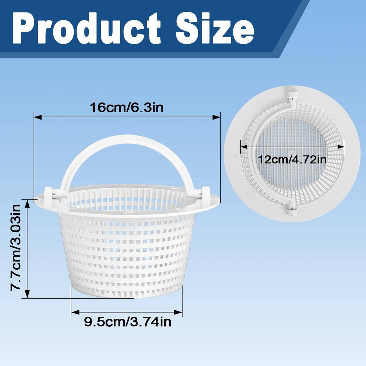 White skimmer basket with round rim and handle, plastic mesh filter basket