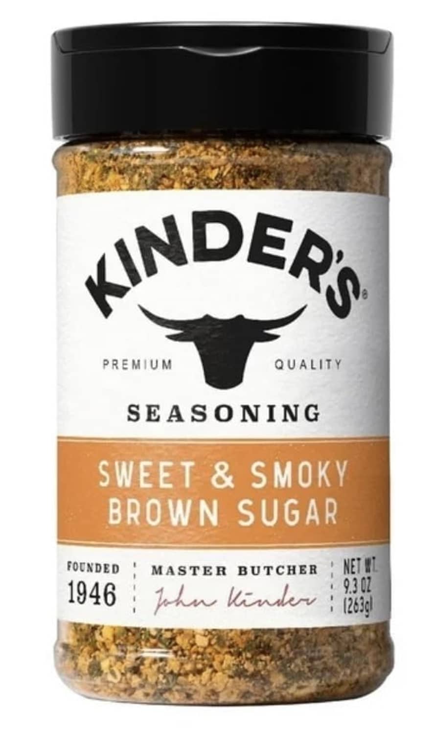 Kinder's Sweet & Smoky brown sugar seasoning bottle, black cap, brown label