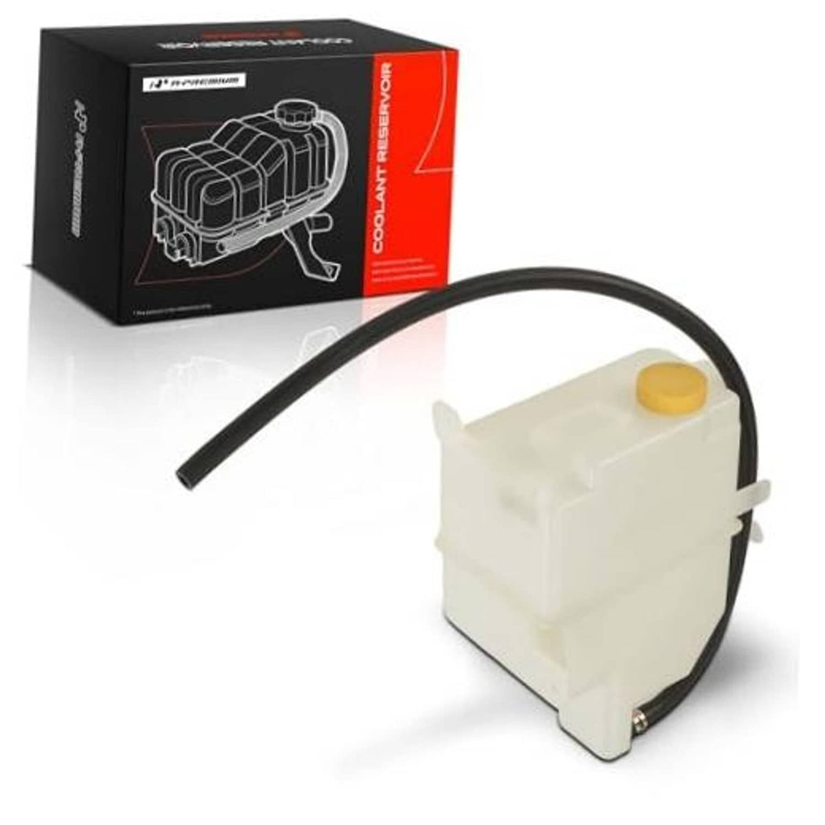 Engine coolant recovery reservoir tank with black hose and yellow cap