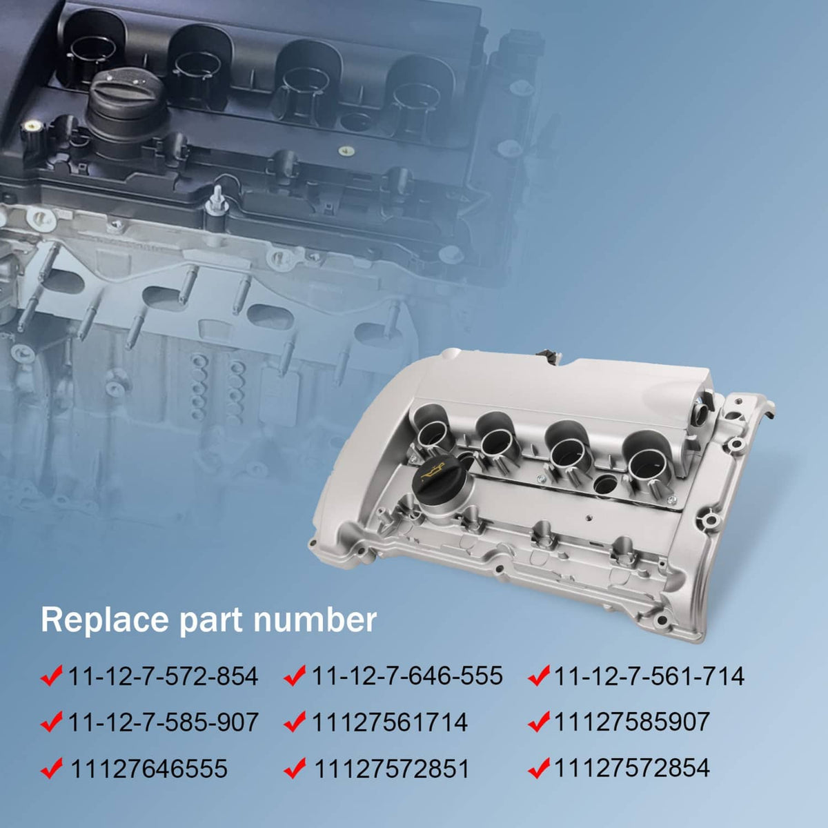 Silver aluminum engine valve cover with valve ports, angled view over engine bay