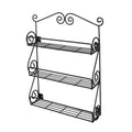 Black scroll wall-mounted spice rack with three wire shelves and decorative side curls.
