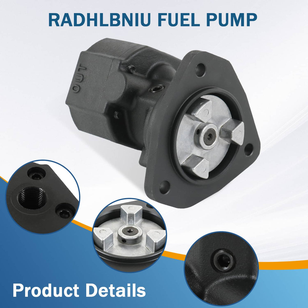 Fuel pump with circular mounting plate and silver internal part, angled view