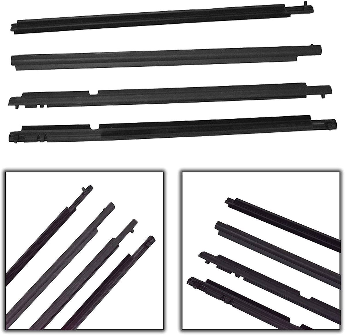 Black weatherstrip seal trim strips set with tabs and bracket cutouts