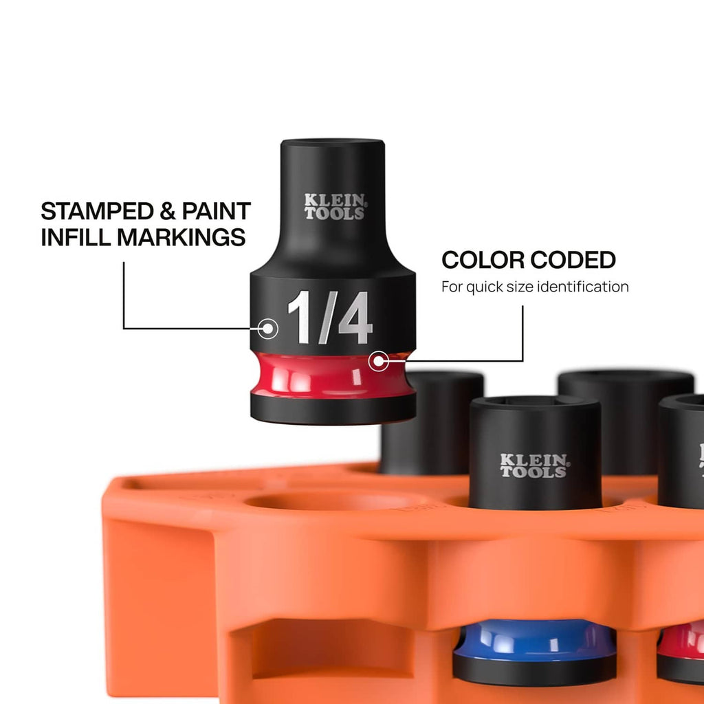 SAE socket with stamped size marking and color-coded band on orange holder