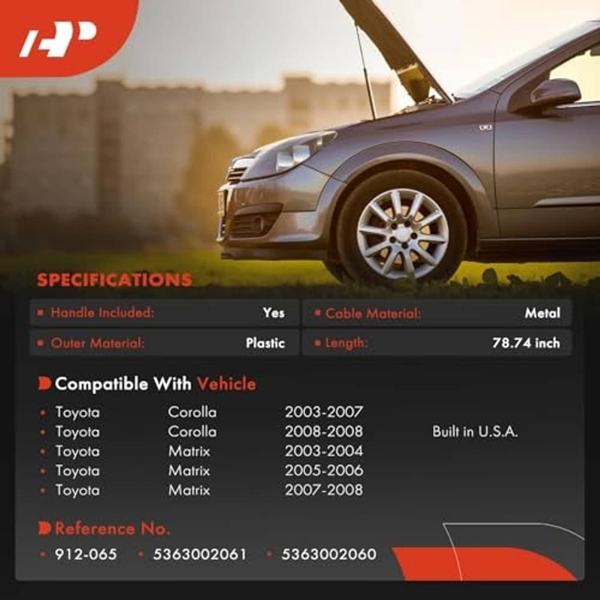 Engine hood release cable with compatibility and specifications graphic