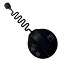 Fuel tank filler cap, dark round cap with tether spring and fuel icons on top
