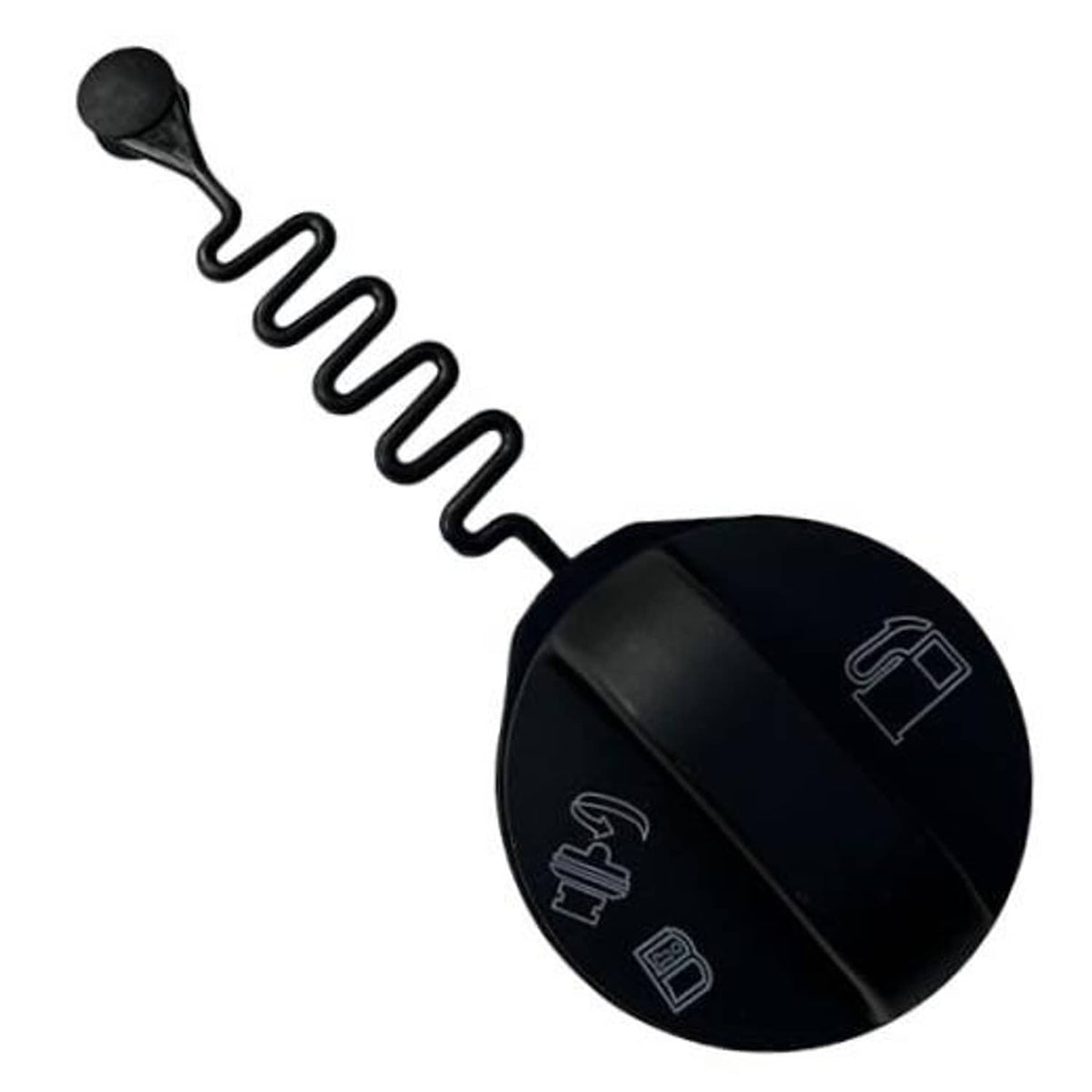 Fuel tank filler cap, dark round cap with tether spring and fuel icons on top