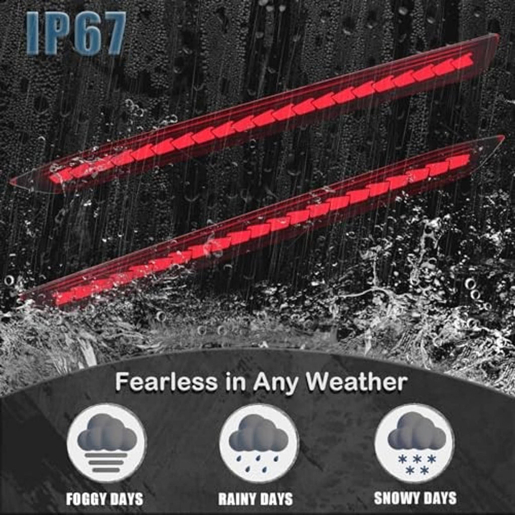 Weatherproof IP67 LED reflector light bars with red illumination, rain backdrop.