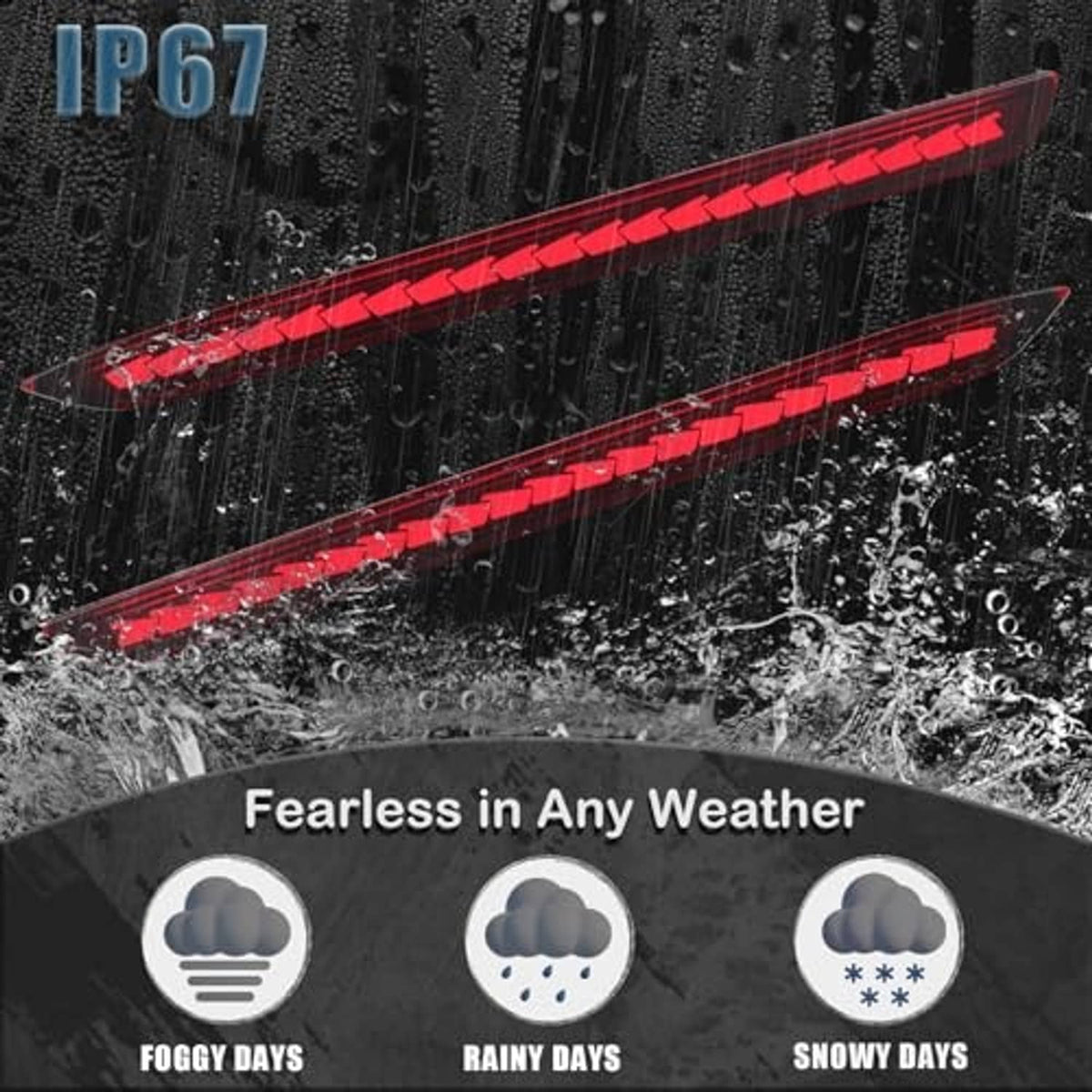 Weatherproof IP67 LED reflector light bars with red illumination, rain backdrop.