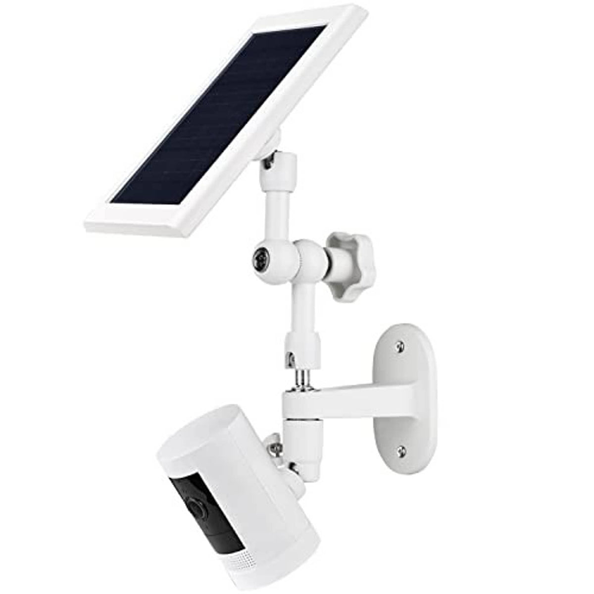 White wall mount kit with solar panel, pivoting arm, and camera mounting bracket