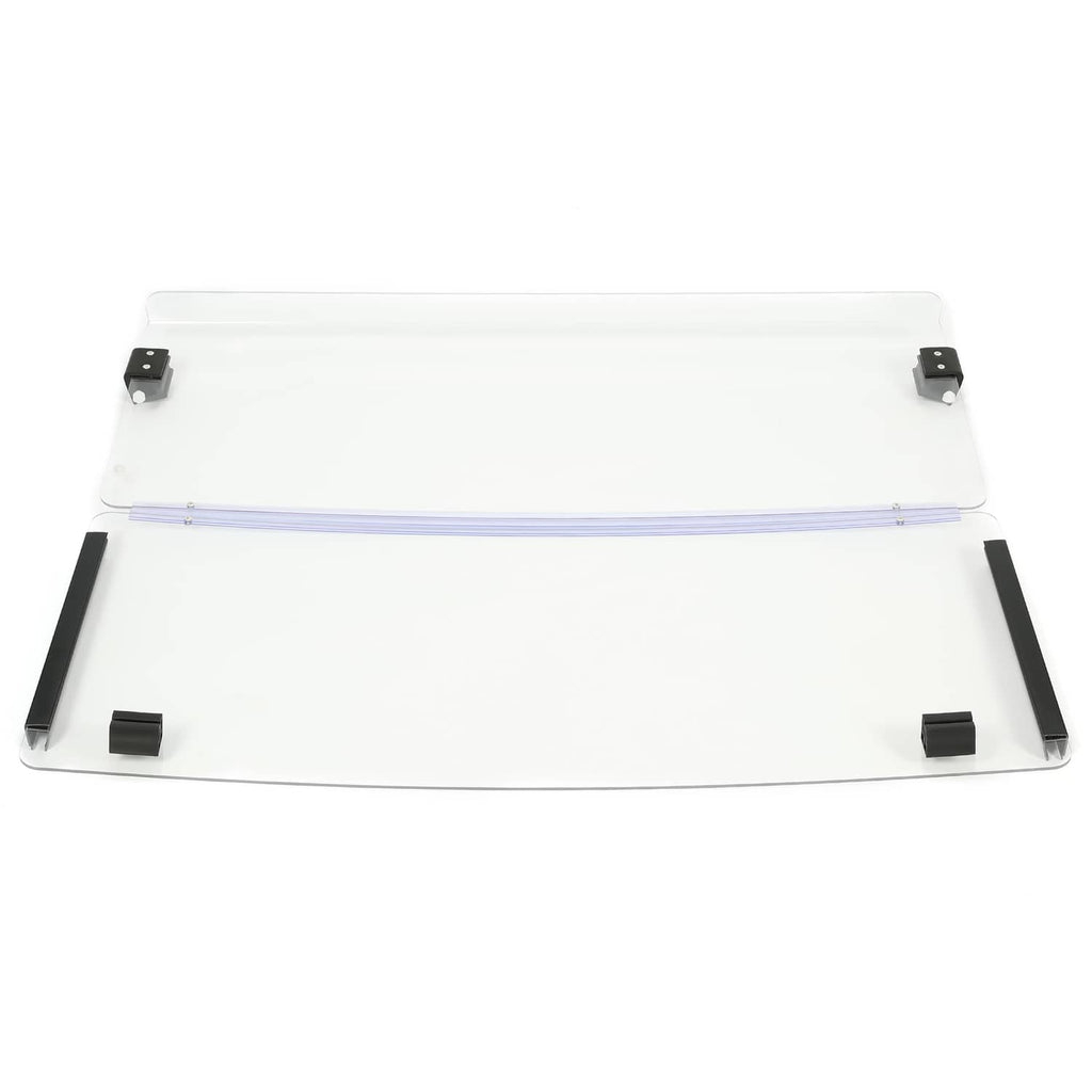 Clear windshield panel with black base bars and corner mounting clamps