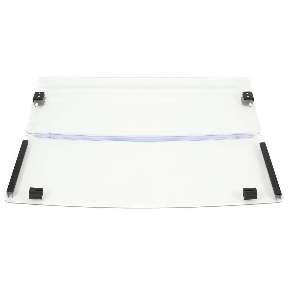 Clear windshield panel with black base bars and corner mounting clamps
