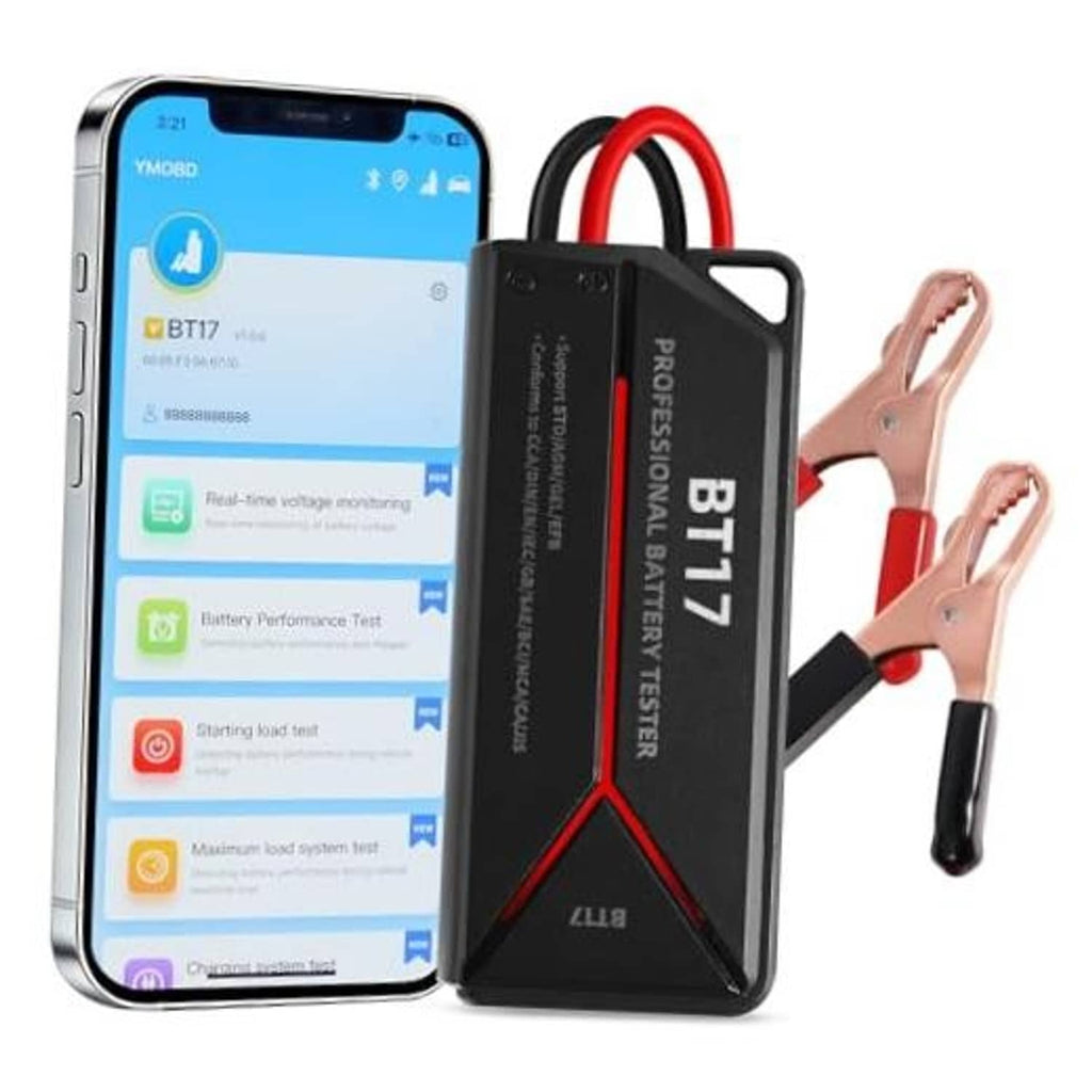 12V–24V battery tester with BT17 unit, red/black cables and clip clamps