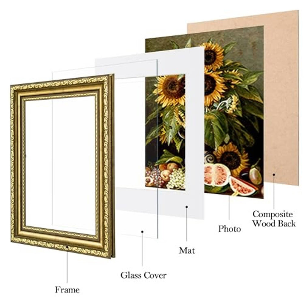 Gold ornate frame parts: glass cover, white mat, photo, and wood back
