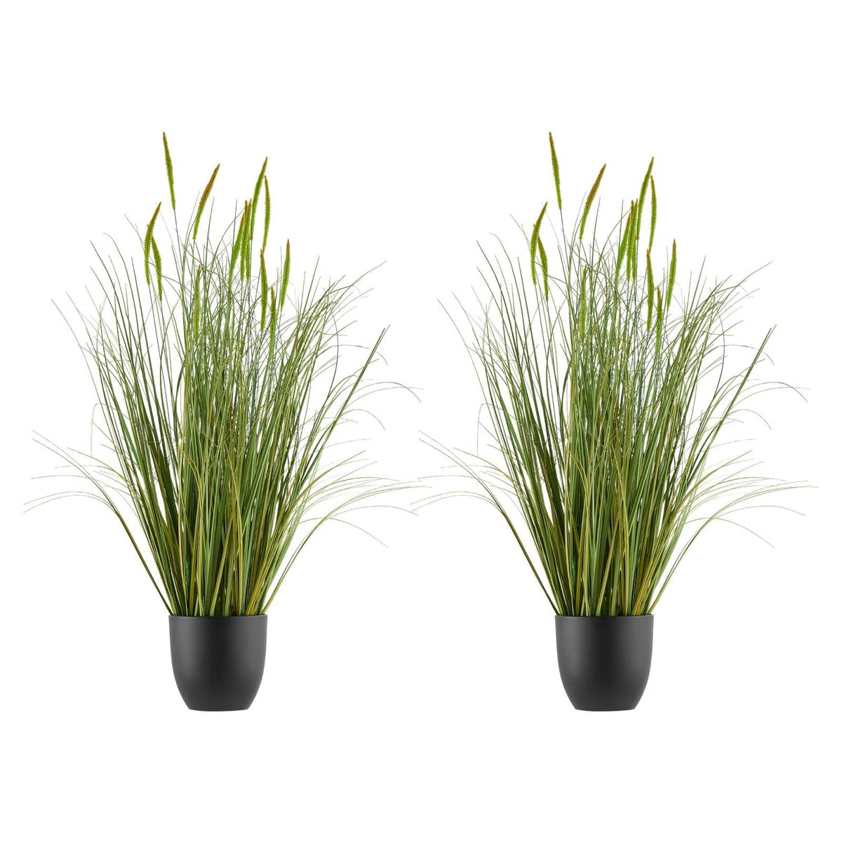 Two artificial cattail grass plants in black pots, green stems for indoor or outdoor decor