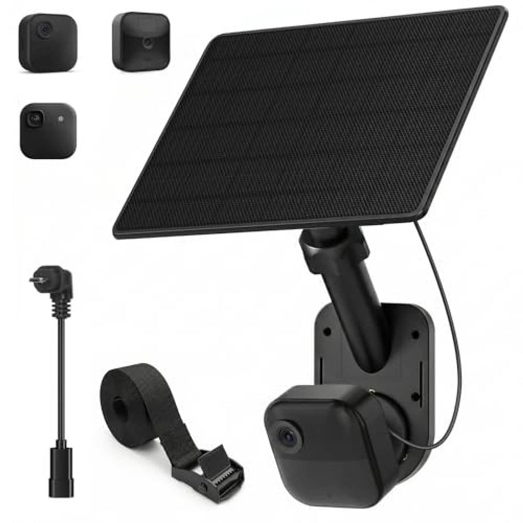 Black solar panel charging mount with swivel arm and attached security camera