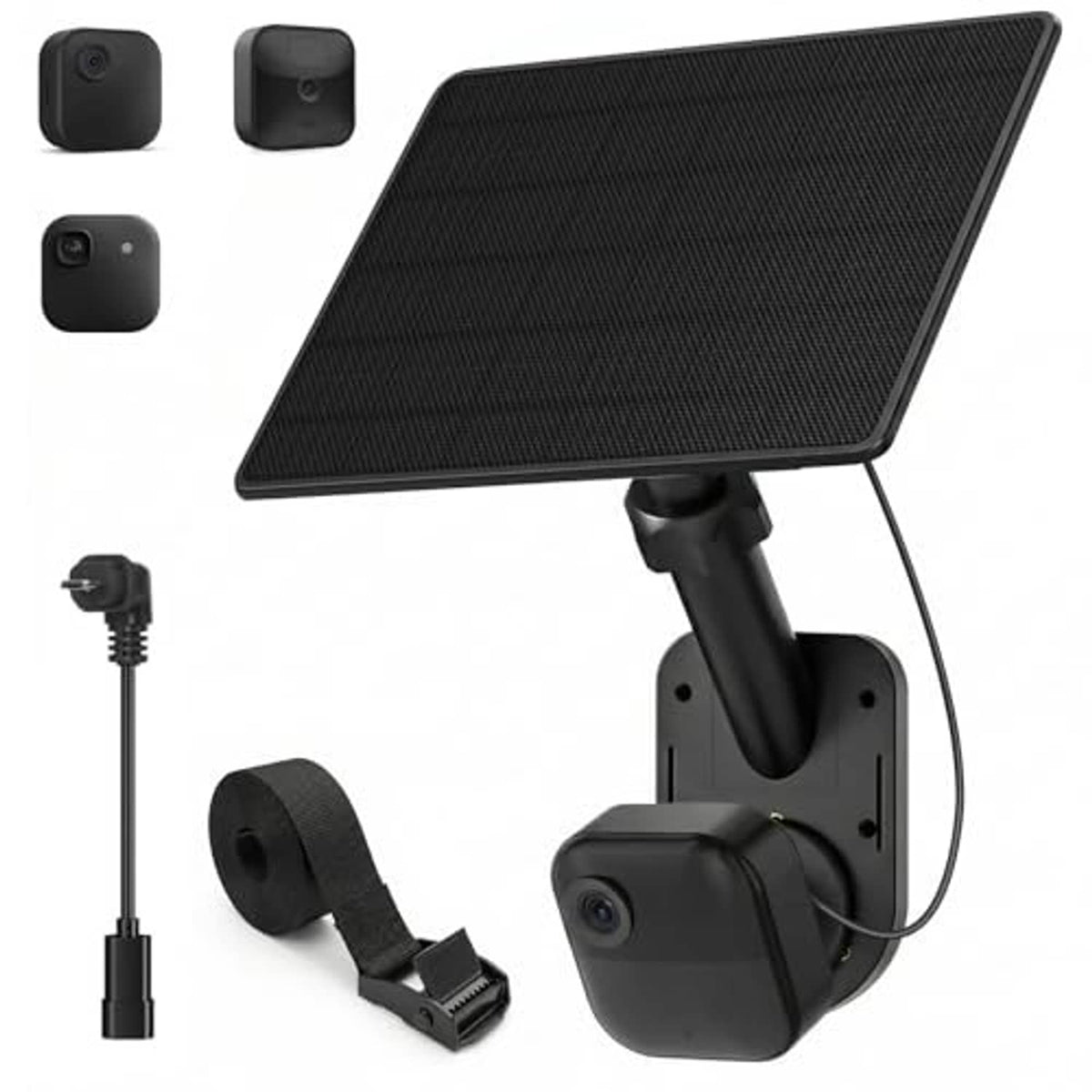 Black solar panel charging mount with swivel arm and attached security camera